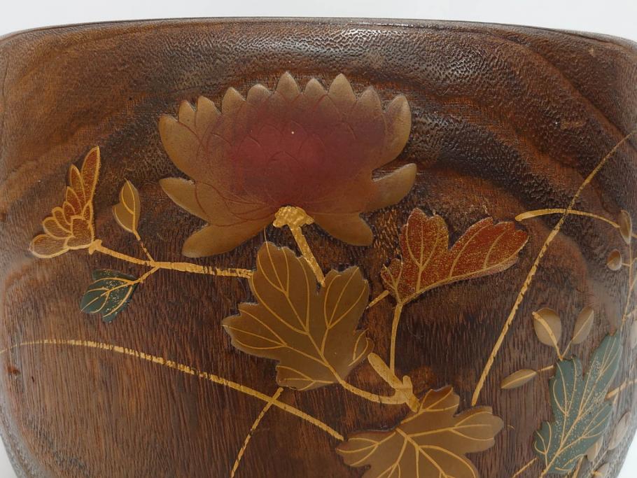大正～昭和初期　蒔絵　刳り貫き　菊　雅なデザインが魅力の火鉢(花、丸火鉢、手あぶり、木製、ガラス天板付き)(R-079678)