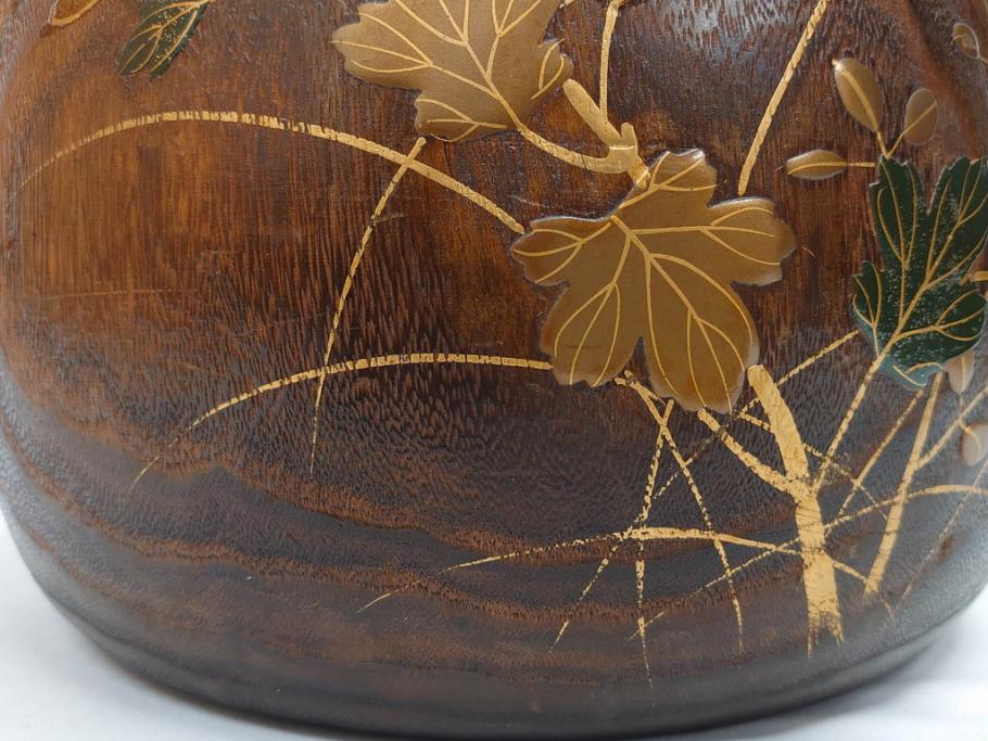 大正～昭和初期　蒔絵　刳り貫き　菊　雅なデザインが魅力の火鉢(花、丸火鉢、手あぶり、木製、ガラス天板付き)(R-079678)