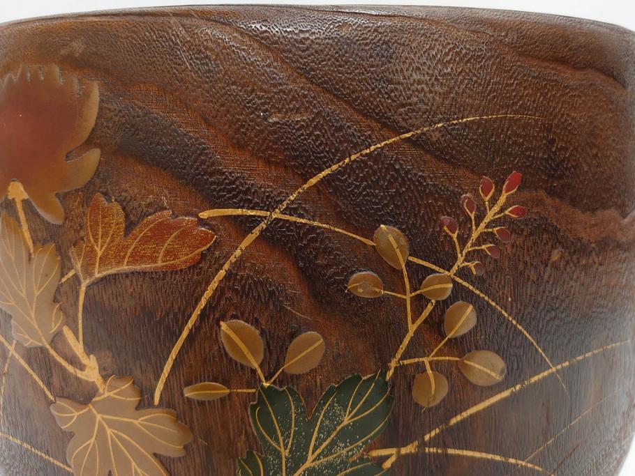 大正～昭和初期　蒔絵　刳り貫き　菊　雅なデザインが魅力の火鉢(花、丸火鉢、手あぶり、木製、ガラス天板付き)(R-079678)