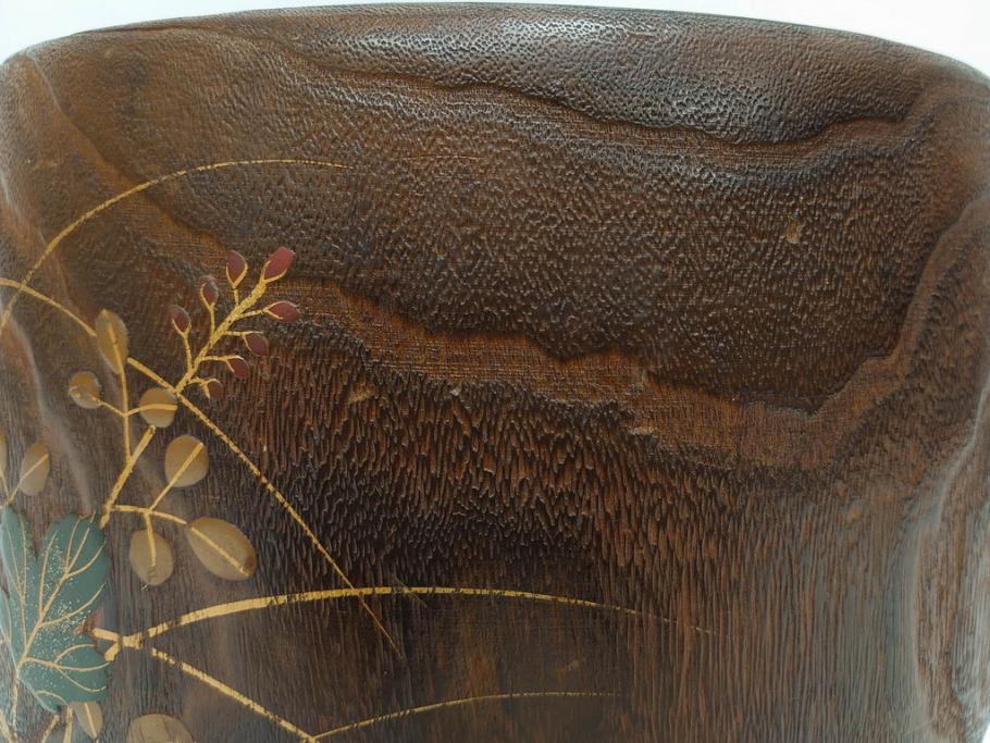 大正～昭和初期　蒔絵　刳り貫き　菊　雅なデザインが魅力の火鉢(花、丸火鉢、手あぶり、木製、ガラス天板付き)(R-079678)