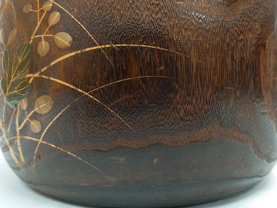 大正～昭和初期　蒔絵　刳り貫き　菊　雅なデザインが魅力の火鉢(花、丸火鉢、手あぶり、木製、ガラス天板付き)(R-079678)