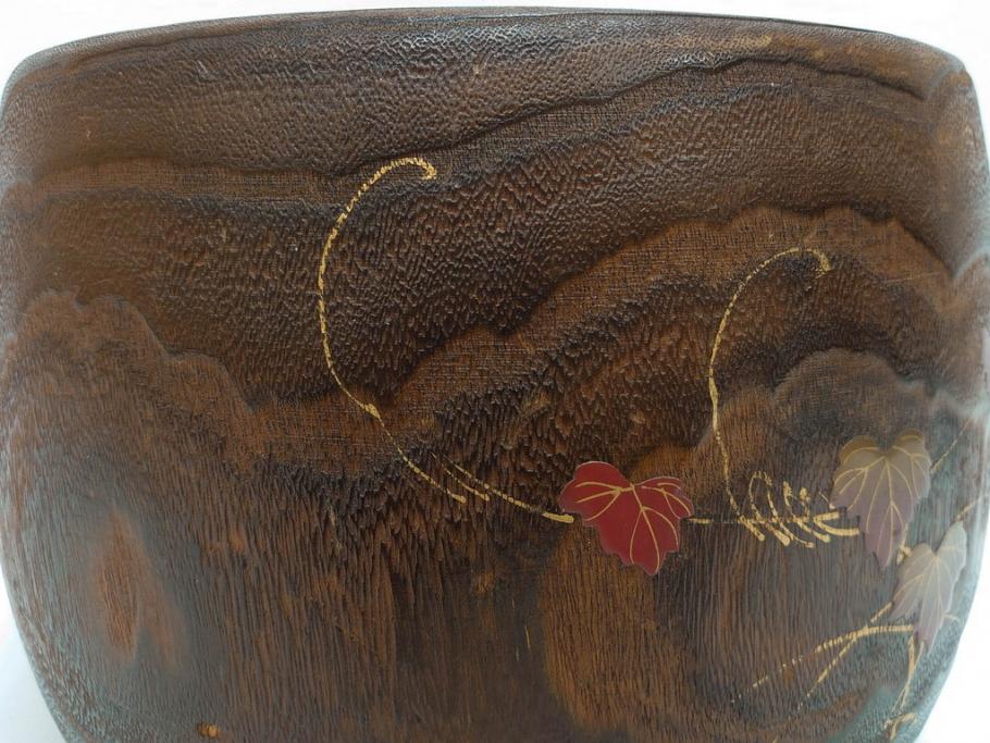 大正～昭和初期　蒔絵　刳り貫き　菊　雅なデザインが魅力の火鉢(花、丸火鉢、手あぶり、木製、ガラス天板付き)(R-079678)