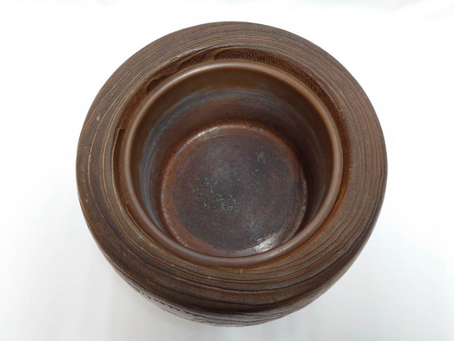 大正～昭和初期　蒔絵　刳り貫き　菊　雅なデザインが魅力の火鉢(花、丸火鉢、手あぶり、木製、ガラス天板付き)(R-079678)