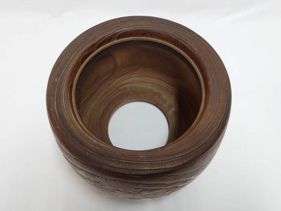 大正～昭和初期　蒔絵　刳り貫き　菊　雅なデザインが魅力の火鉢(花、丸火鉢、手あぶり、木製、ガラス天板付き)(R-079678)