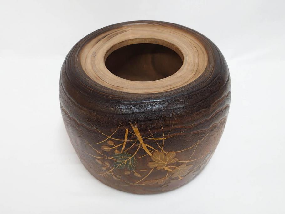 大正～昭和初期　蒔絵　刳り貫き　菊　雅なデザインが魅力の火鉢(花、丸火鉢、手あぶり、木製、ガラス天板付き)(R-079678)