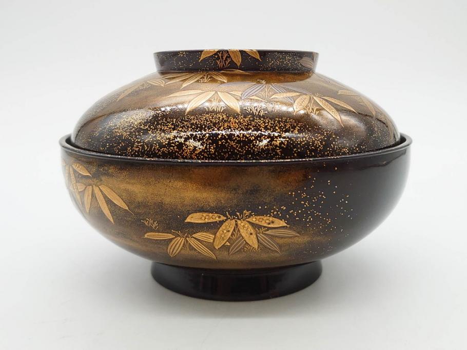 明治期　上手物　高蒔絵　金梨地　梅竹　眩い煌めきに見惚れる煮物椀10客セット(笹、漆器、和食器、木製椀、汁椀、吸物椀、お椀、共箱付き)(R-079680)