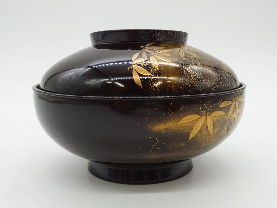 明治期　上手物　高蒔絵　金梨地　梅竹　眩い煌めきに見惚れる煮物椀10客セット(笹、漆器、和食器、木製椀、汁椀、吸物椀、お椀、共箱付き)(R-079680)