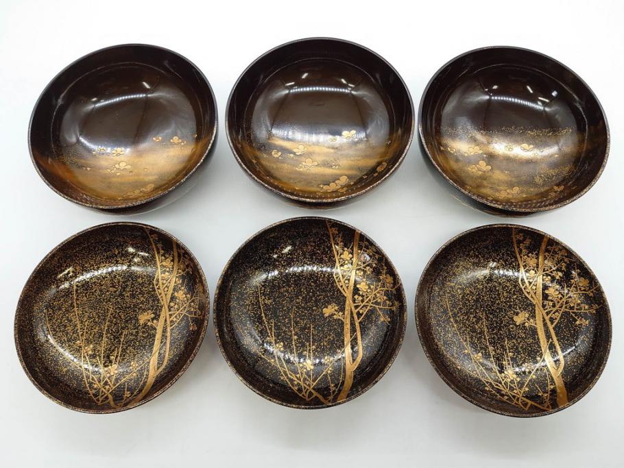 明治期　上手物　高蒔絵　金梨地　梅竹　眩い煌めきに見惚れる煮物椀10客セット(笹、漆器、和食器、木製椀、汁椀、吸物椀、お椀、共箱付き)(R-079680)