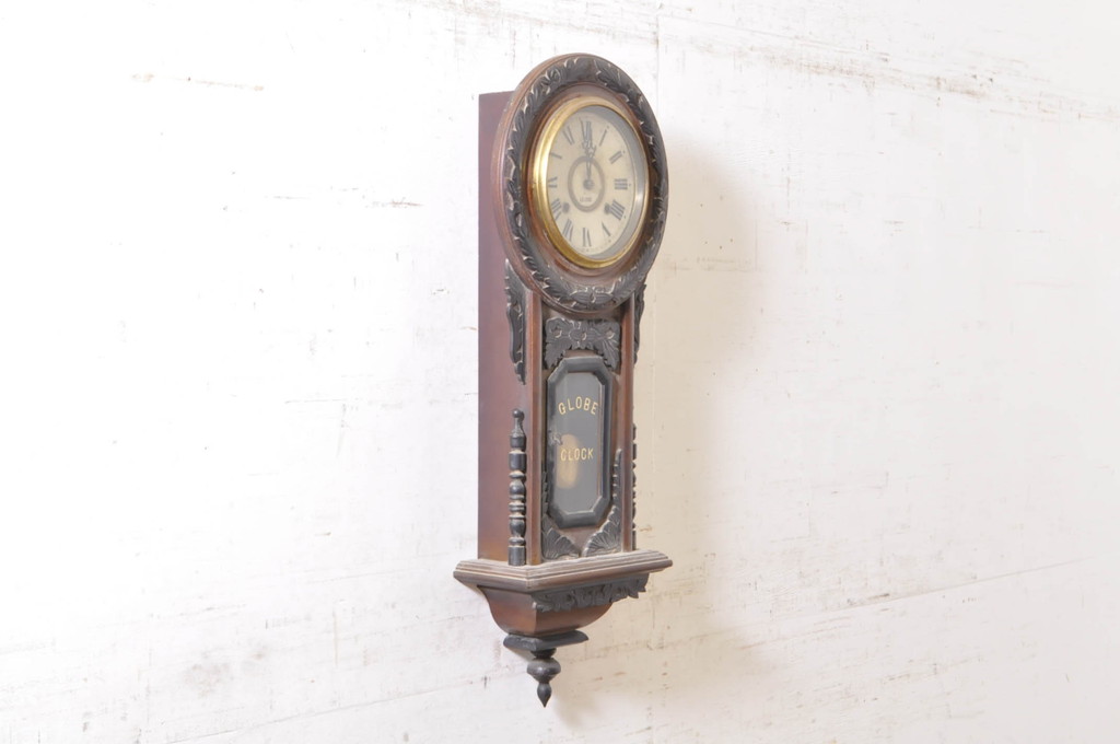 和製アンティーク　GLOBE CLOCK(グローブ)　凝った意匠が目を引く掛け時計(振り子時計、柱時計、古時計)(R-072185)