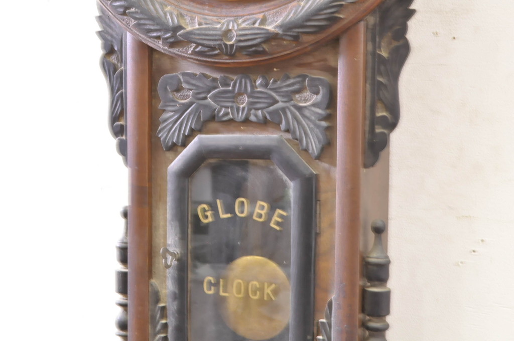 和製アンティーク　GLOBE CLOCK(グローブ)　凝った意匠が目を引く掛け時計(振り子時計、柱時計、古時計)(R-072185)