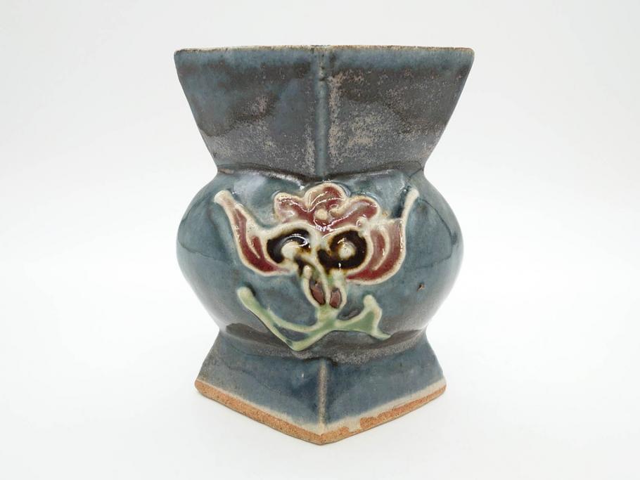 河井寛次郎　花文　独創的なデザインに心惹かれる花扁壷(花入、花器、花生、フラワーベース、共箱付き、日本工芸会シールあり)(R-079648)
