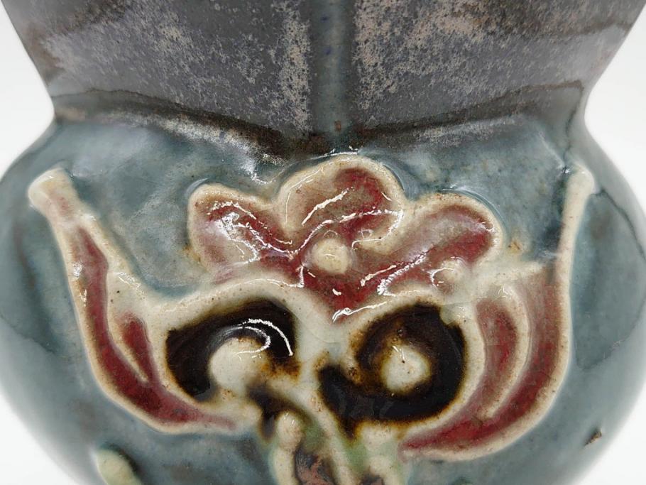 河井寛次郎　花文　独創的なデザインに心惹かれる花扁壷(花入、花器、花生、フラワーベース、共箱付き、日本工芸会シールあり)(R-079648)