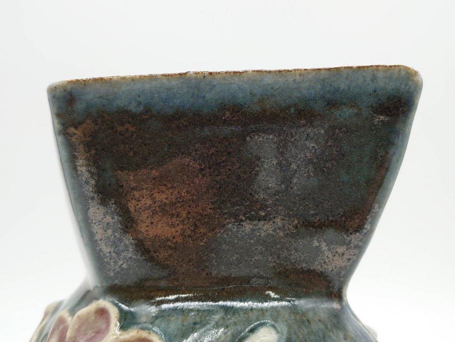 河井寛次郎　花文　独創的なデザインに心惹かれる花扁壷(花入、花器、花生、フラワーベース、共箱付き、日本工芸会シールあり)(R-079648)