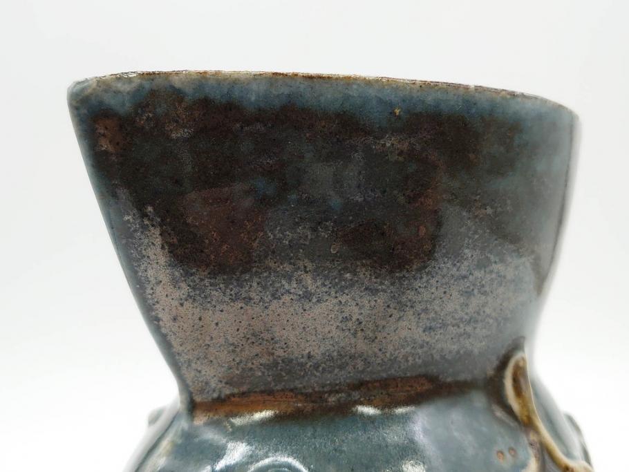 河井寛次郎　花文　独創的なデザインに心惹かれる花扁壷(花入、花器、花生、フラワーベース、共箱付き、日本工芸会シールあり)(R-079648)