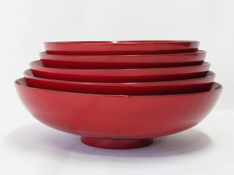 明治3年　朱塗　金蒔絵　漆器　木製　五ツ組　雅な雰囲気漂う大盃5点セット(松、牡丹、花、風景、漆芸、杯、酒器、和食器、共箱付き)(R-079685)