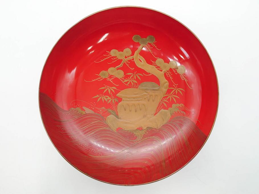 明治3年　朱塗　金蒔絵　漆器　木製　五ツ組　雅な雰囲気漂う大盃5点セット(松、牡丹、花、風景、漆芸、杯、酒器、和食器、共箱付き)(R-079685)
