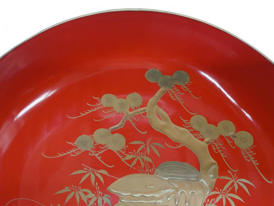 明治3年　朱塗　金蒔絵　漆器　木製　五ツ組　雅な雰囲気漂う大盃5点セット(松、牡丹、花、風景、漆芸、杯、酒器、和食器、共箱付き)(R-079685)