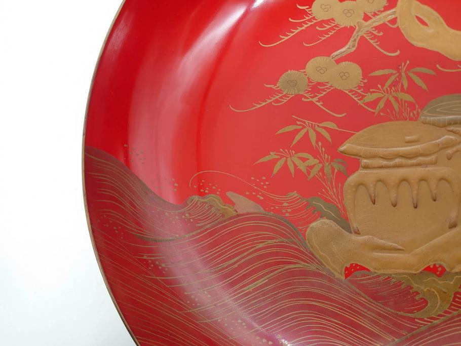明治3年　朱塗　金蒔絵　漆器　木製　五ツ組　雅な雰囲気漂う大盃5点セット(松、牡丹、花、風景、漆芸、杯、酒器、和食器、共箱付き)(R-079685)