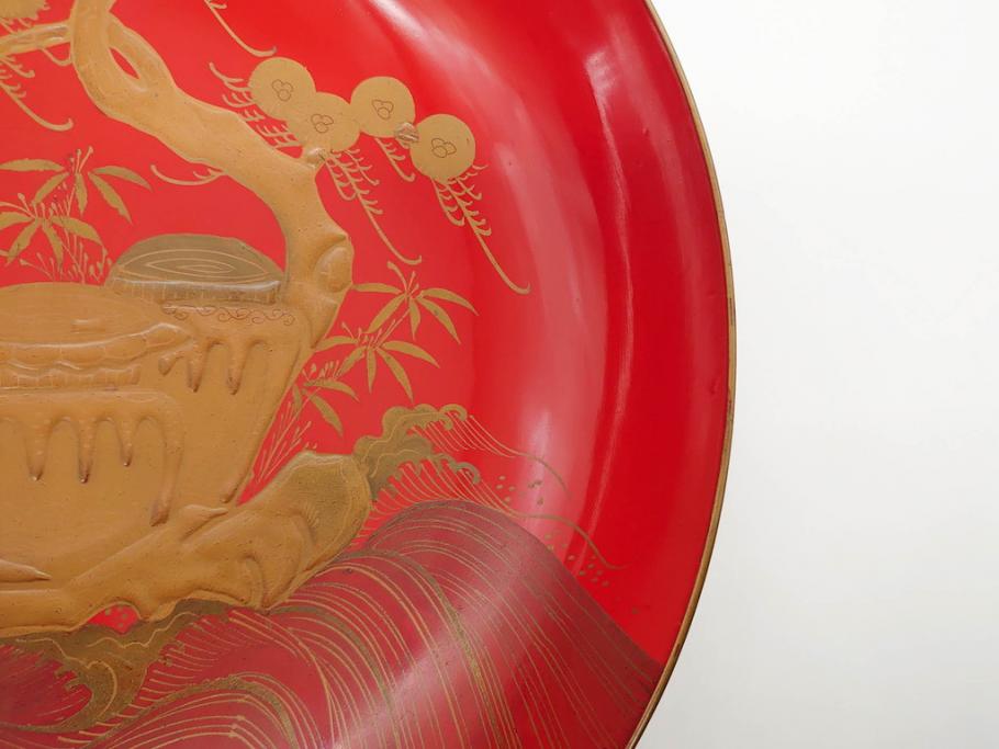 明治3年　朱塗　金蒔絵　漆器　木製　五ツ組　雅な雰囲気漂う大盃5点セット(松、牡丹、花、風景、漆芸、杯、酒器、和食器、共箱付き)(R-079685)
