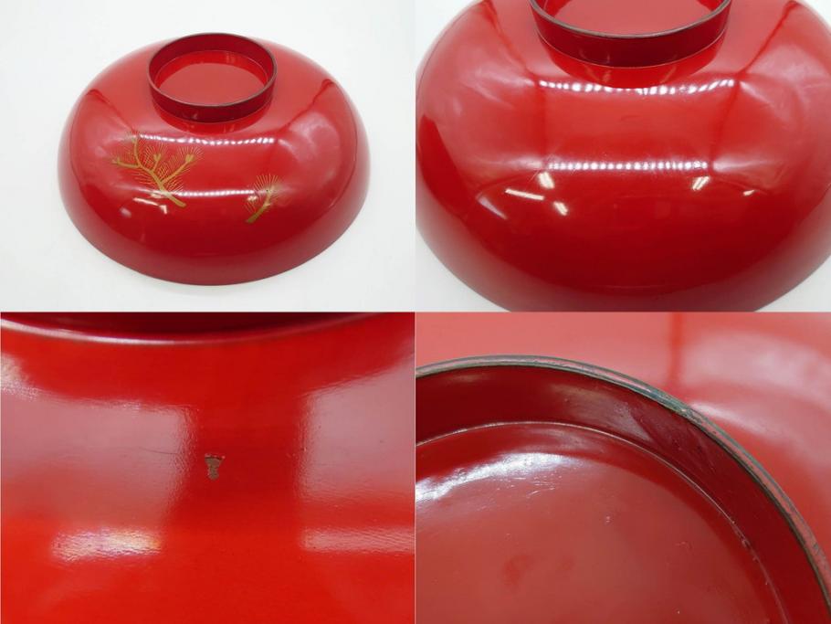 明治3年　朱塗　金蒔絵　漆器　木製　五ツ組　雅な雰囲気漂う大盃5点セット(松、牡丹、花、風景、漆芸、杯、酒器、和食器、共箱付き)(R-079685)
