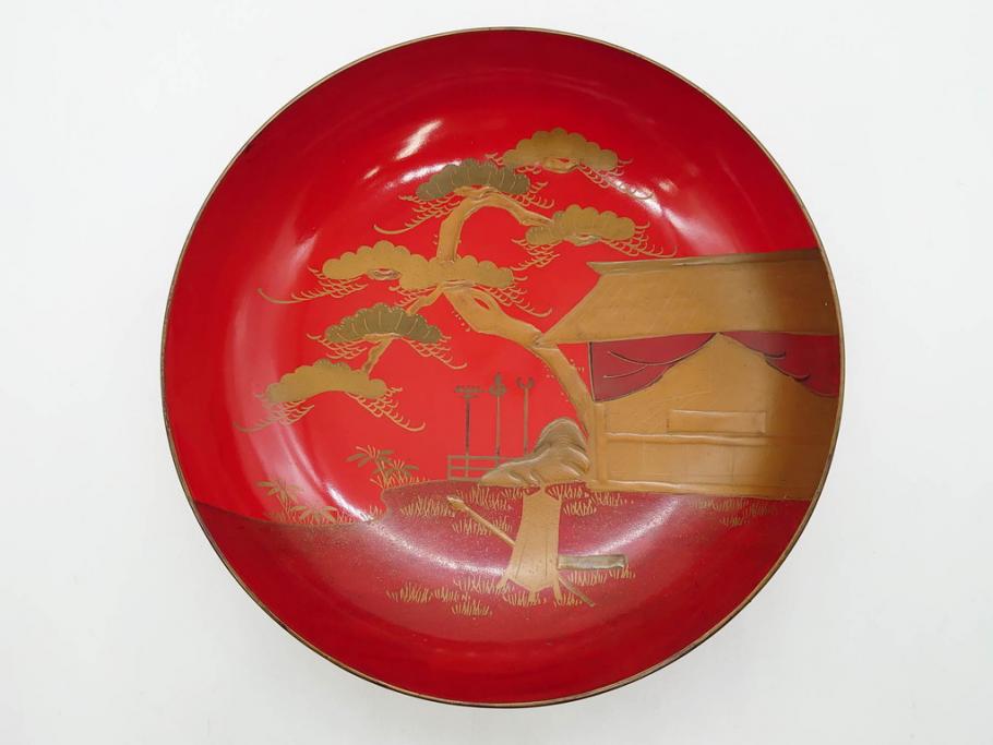 明治3年　朱塗　金蒔絵　漆器　木製　五ツ組　雅な雰囲気漂う大盃5点セット(松、牡丹、花、風景、漆芸、杯、酒器、和食器、共箱付き)(R-079685)