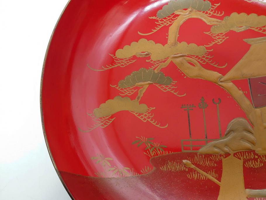 明治3年　朱塗　金蒔絵　漆器　木製　五ツ組　雅な雰囲気漂う大盃5点セット(松、牡丹、花、風景、漆芸、杯、酒器、和食器、共箱付き)(R-079685)