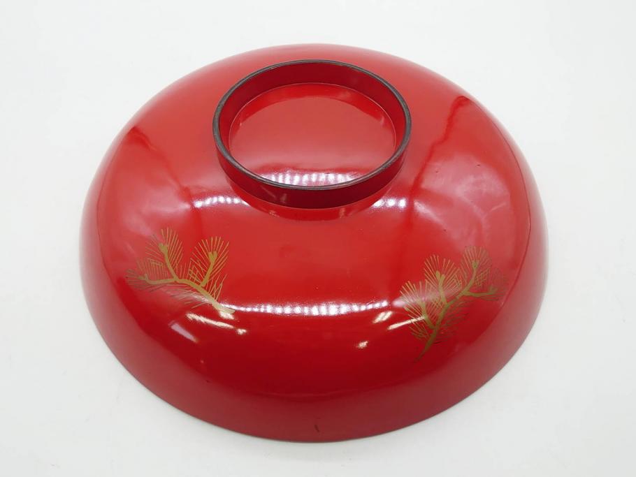 明治3年　朱塗　金蒔絵　漆器　木製　五ツ組　雅な雰囲気漂う大盃5点セット(松、牡丹、花、風景、漆芸、杯、酒器、和食器、共箱付き)(R-079685)