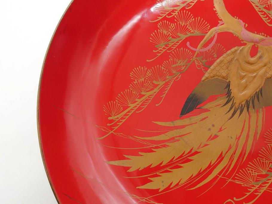 明治3年　朱塗　金蒔絵　漆器　木製　五ツ組　雅な雰囲気漂う大盃5点セット(松、牡丹、花、風景、漆芸、杯、酒器、和食器、共箱付き)(R-079685)