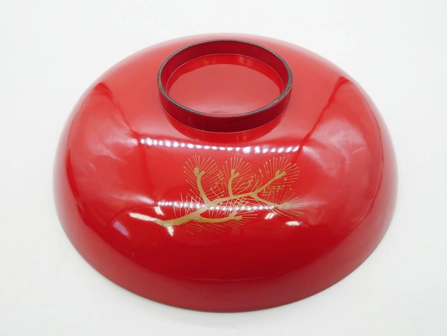 明治3年　朱塗　金蒔絵　漆器　木製　五ツ組　雅な雰囲気漂う大盃5点セット(松、牡丹、花、風景、漆芸、杯、酒器、和食器、共箱付き)(R-079685)