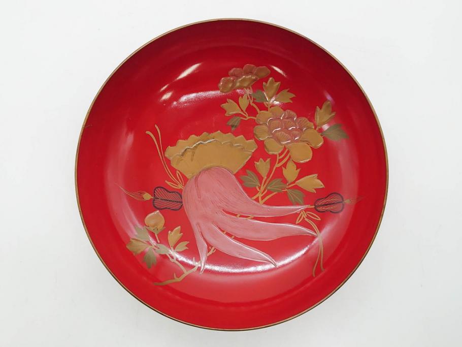 明治3年　朱塗　金蒔絵　漆器　木製　五ツ組　雅な雰囲気漂う大盃5点セット(松、牡丹、花、風景、漆芸、杯、酒器、和食器、共箱付き)(R-079685)