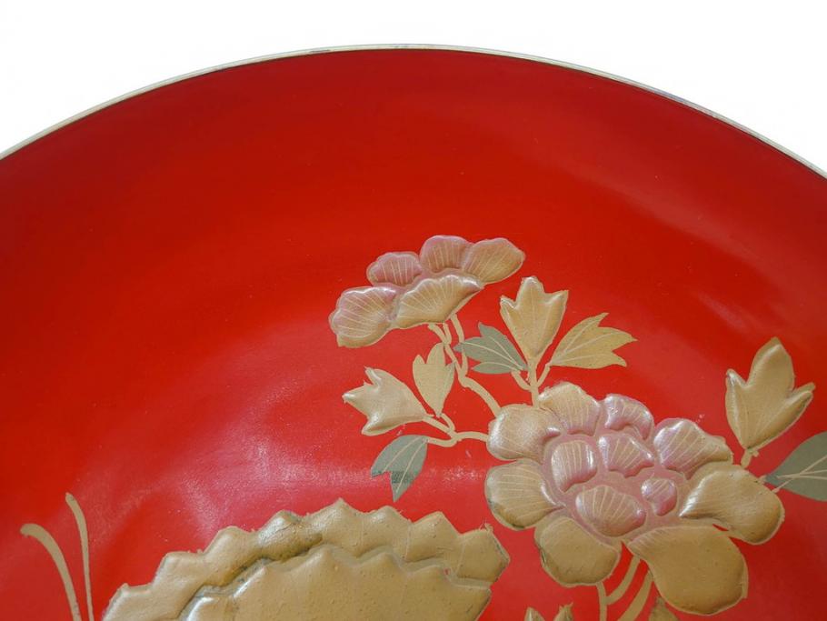 明治3年　朱塗　金蒔絵　漆器　木製　五ツ組　雅な雰囲気漂う大盃5点セット(松、牡丹、花、風景、漆芸、杯、酒器、和食器、共箱付き)(R-079685)