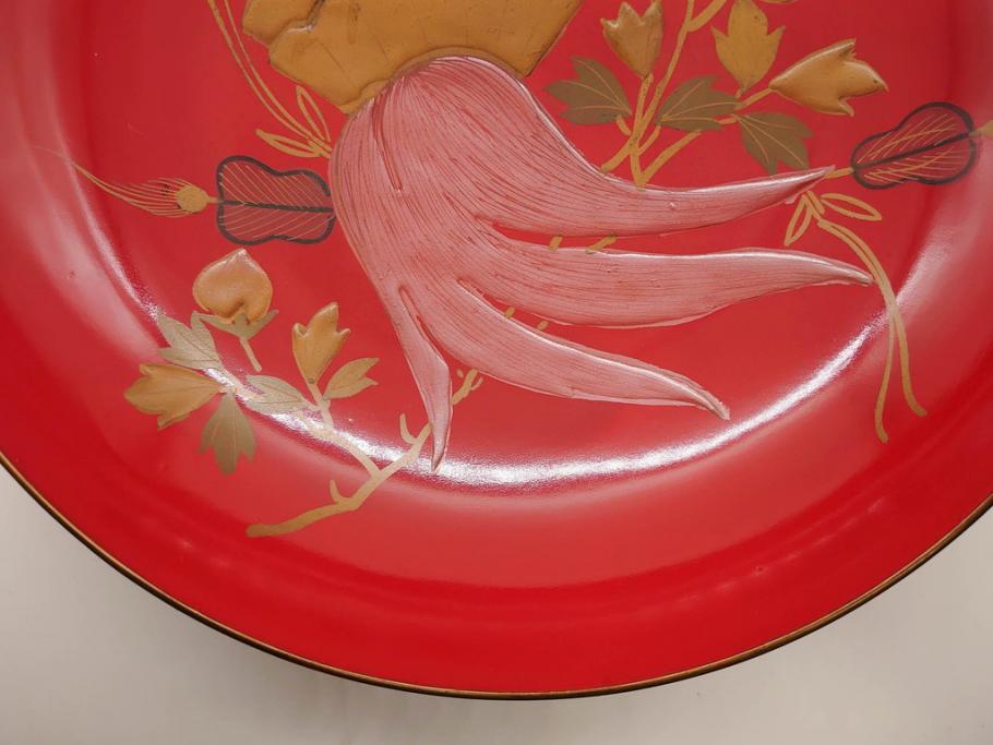 明治3年　朱塗　金蒔絵　漆器　木製　五ツ組　雅な雰囲気漂う大盃5点セット(松、牡丹、花、風景、漆芸、杯、酒器、和食器、共箱付き)(R-079685)
