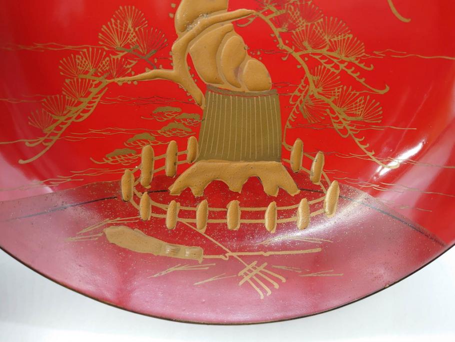明治3年　朱塗　金蒔絵　漆器　木製　五ツ組　雅な雰囲気漂う大盃5点セット(松、牡丹、花、風景、漆芸、杯、酒器、和食器、共箱付き)(R-079685)