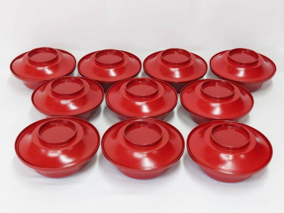 明治期　朱塗　木製椀　食卓を明るく彩る煮物椀10客セット(漆器、和食器、汁椀、蓋付き、吸物椀、お椀、共箱付き)(R-079687)