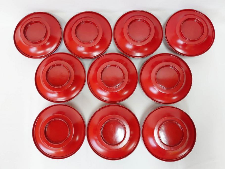 明治期　朱塗　木製椀　食卓を明るく彩る煮物椀10客セット(漆器、和食器、汁椀、蓋付き、吸物椀、お椀、共箱付き)(R-079687)