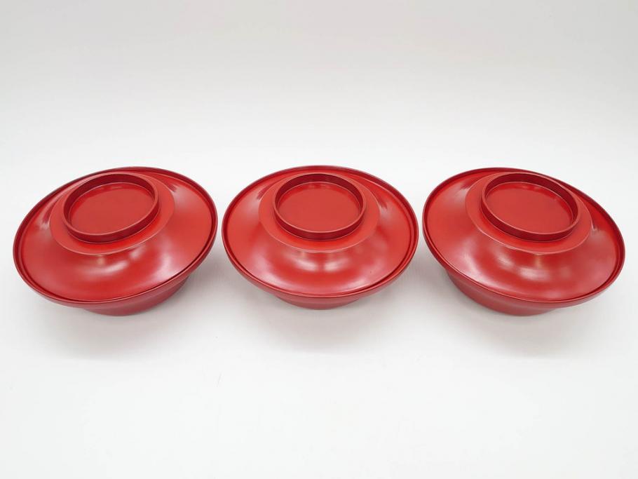 明治期　朱塗　木製椀　食卓を明るく彩る煮物椀10客セット(漆器、和食器、汁椀、蓋付き、吸物椀、お椀、共箱付き)(R-079687)