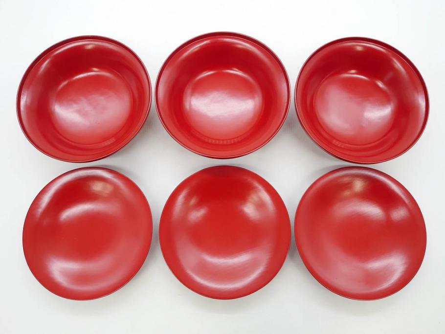 明治期　朱塗　木製椀　食卓を明るく彩る煮物椀10客セット(漆器、和食器、汁椀、蓋付き、吸物椀、お椀、共箱付き)(R-079687)