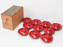 明治期　朱塗　木製椀　艶やかな漆が美しい煮物椀10客セット(漆器、和食器、汁椀、蓋付き、吸物椀、お椀、共箱付き)(R-079688)