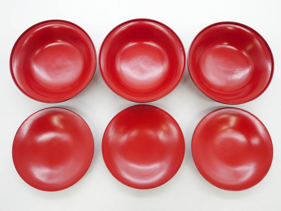 明治期　朱塗　木製椀　艶やかな漆が美しい煮物椀10客セット(漆器、和食器、汁椀、蓋付き、吸物椀、お椀、共箱付き)(R-079688)