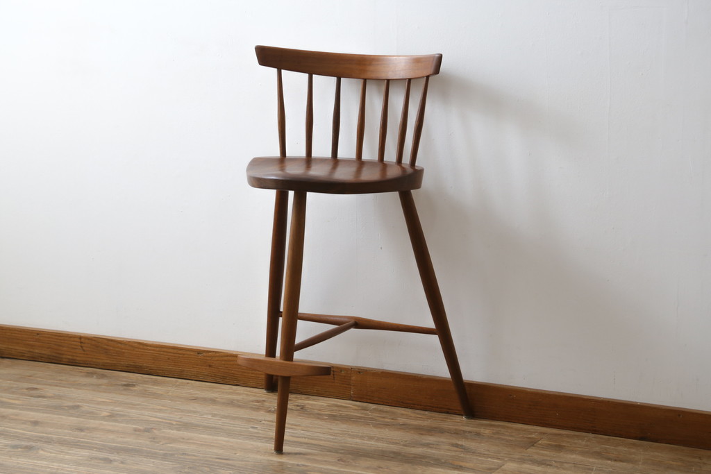 和製ビンテージ　美品　ジョージナカシマ　MIRA CHAIR H(ミラチェアH)　CN107　滑らかデザインが美しいカウンターチェア(ジョージ・ナカシマ、バーチェア、板座チェア、ダイニングチェア、椅子、イス、ハイチェア、ヴィンテージ)(R-079709)