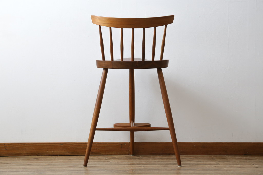 和製ビンテージ　美品　ジョージナカシマ　MIRA CHAIR H(ミラチェアH)　CN107　滑らかデザインが美しいカウンターチェア(ジョージ・ナカシマ、バーチェア、板座チェア、ダイニングチェア、椅子、イス、ハイチェア、ヴィンテージ)(R-079709)