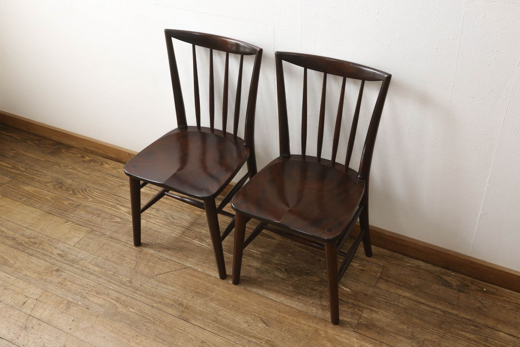 中古　松本民芸家具　220F型　シックな佇まいが魅力的なチェア2脚セット(ダイニングチェア、板座チェア、椅子、イス)(R-060165)