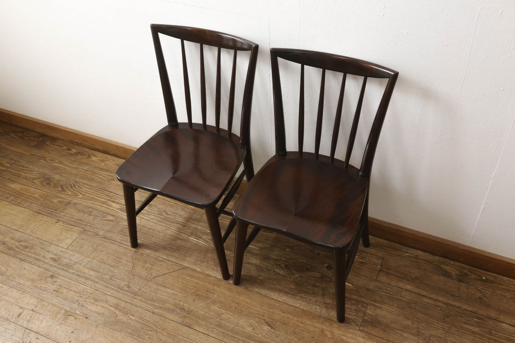 中古　松本民芸家具　220F型　シックな佇まいが魅力的なチェア2脚セット(ダイニングチェア、板座チェア、椅子、イス)(R-060166)