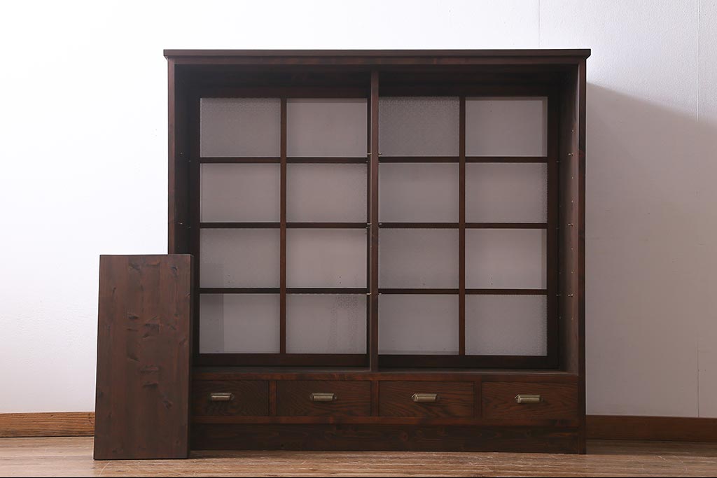 【オーダー注文・受注生産商品】ラフジュ工房オリジナル　引き出し付き　両面引き戸　レトロモダンな戸棚(キャビネット、収納棚)