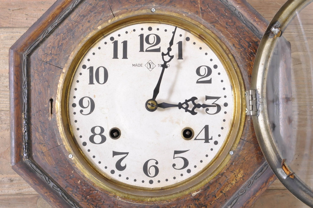 和製アンティーク　銓工舎(SENKOSHA)　MADE(Y)TOKYO　TRADE(S)MARK　BESTANSONIA CLOCK　古い木味が魅力的な掛け時計(柱時計、古時計、八角時計、振り子時計)(R-072421)