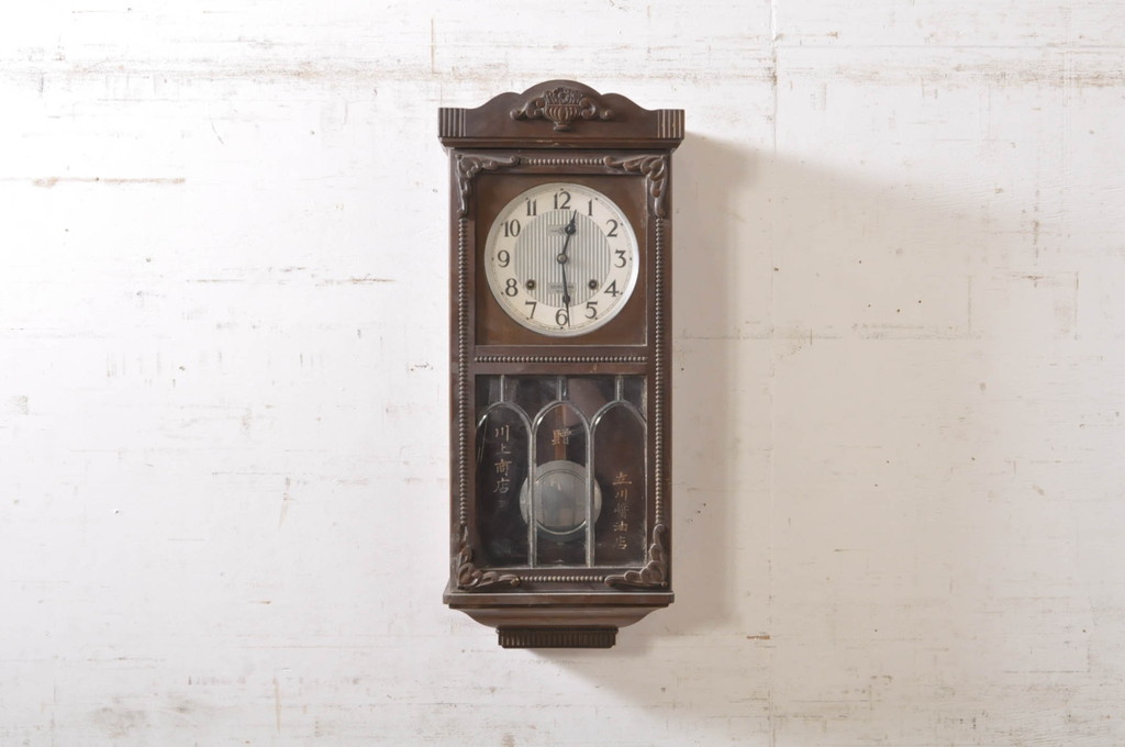 和製アンティーク　精工舎(SEIKOSHA、セイコー)　14DAY　TRADE(S)MARK　昭和レトロ　彫刻の意匠が素敵な掛け時計(柱時計、古時計、振り子時計)(R-072436)