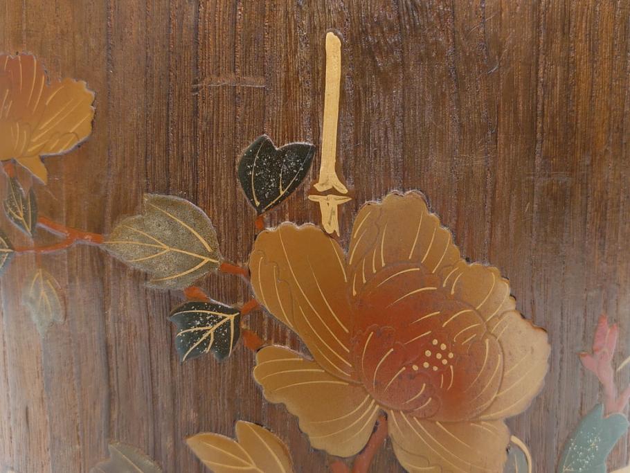 大正～昭和初期　蒔絵　牡丹　お部屋を上品に演出する火鉢(ぼたん、漆芸、木製、丸火鉢、手あぶり)(R-079692)　