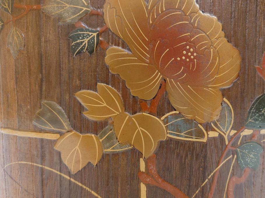 大正～昭和初期　蒔絵　牡丹　お部屋を上品に演出する火鉢(ぼたん、漆芸、木製、丸火鉢、手あぶり)(R-079692)　