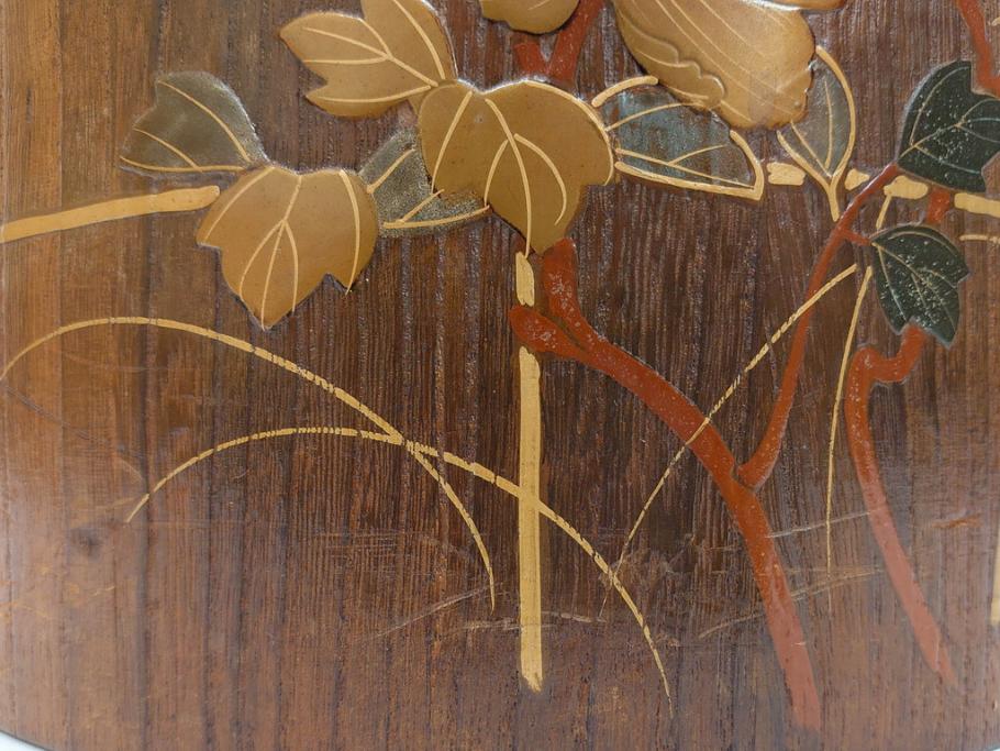 大正～昭和初期　蒔絵　牡丹　お部屋を上品に演出する火鉢(ぼたん、漆芸、木製、丸火鉢、手あぶり)(R-079692)　