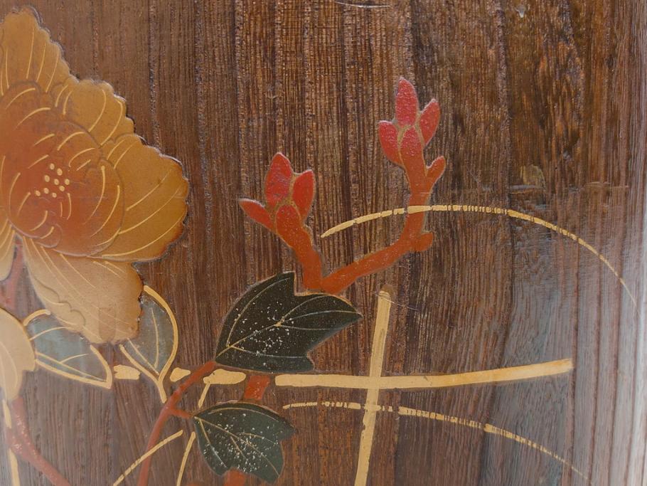 大正～昭和初期　蒔絵　牡丹　お部屋を上品に演出する火鉢(ぼたん、漆芸、木製、丸火鉢、手あぶり)(R-079692)　